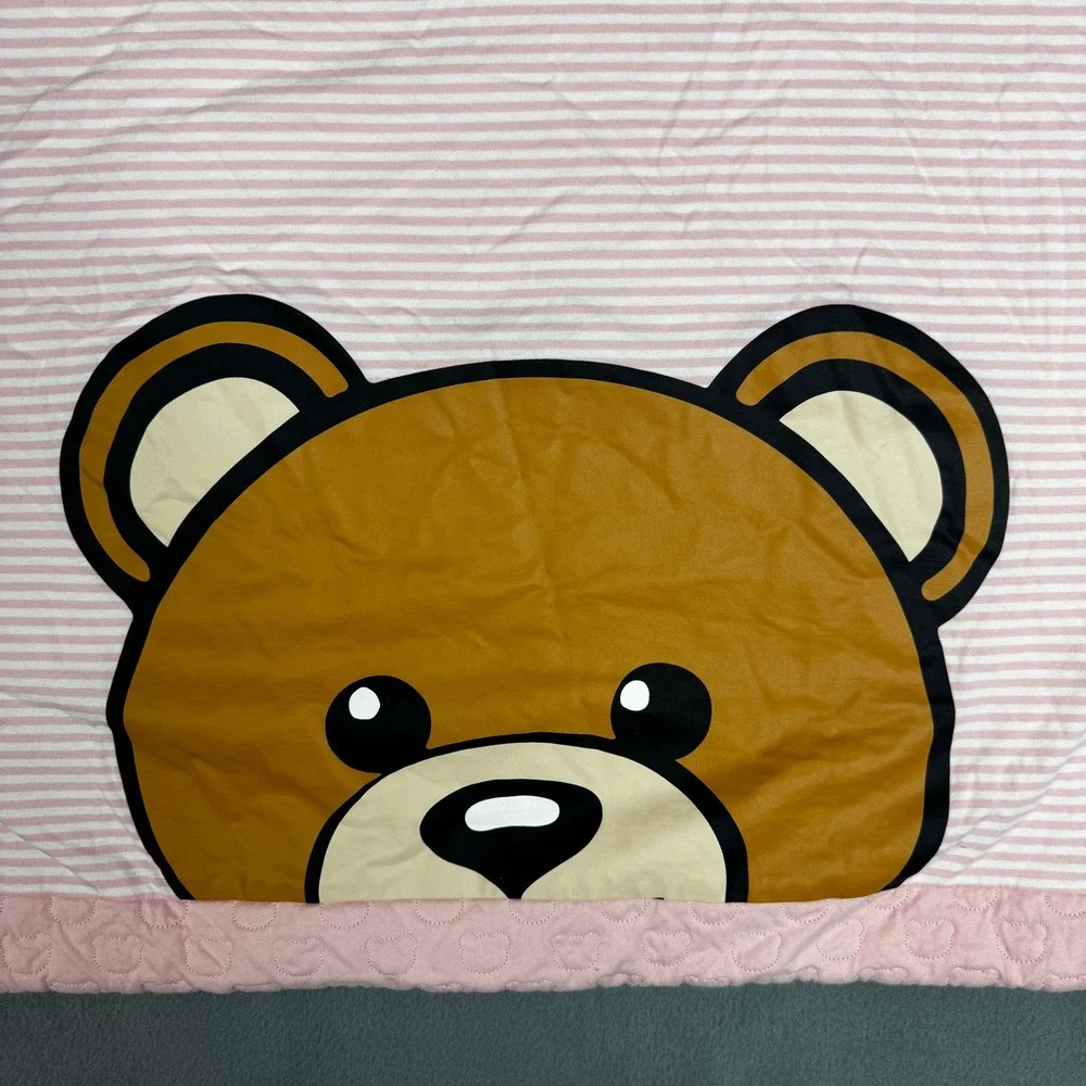 Moschino Baby Quilted Blanket Pink Teddy Bear Stripe 100% Cotton‎ One Size